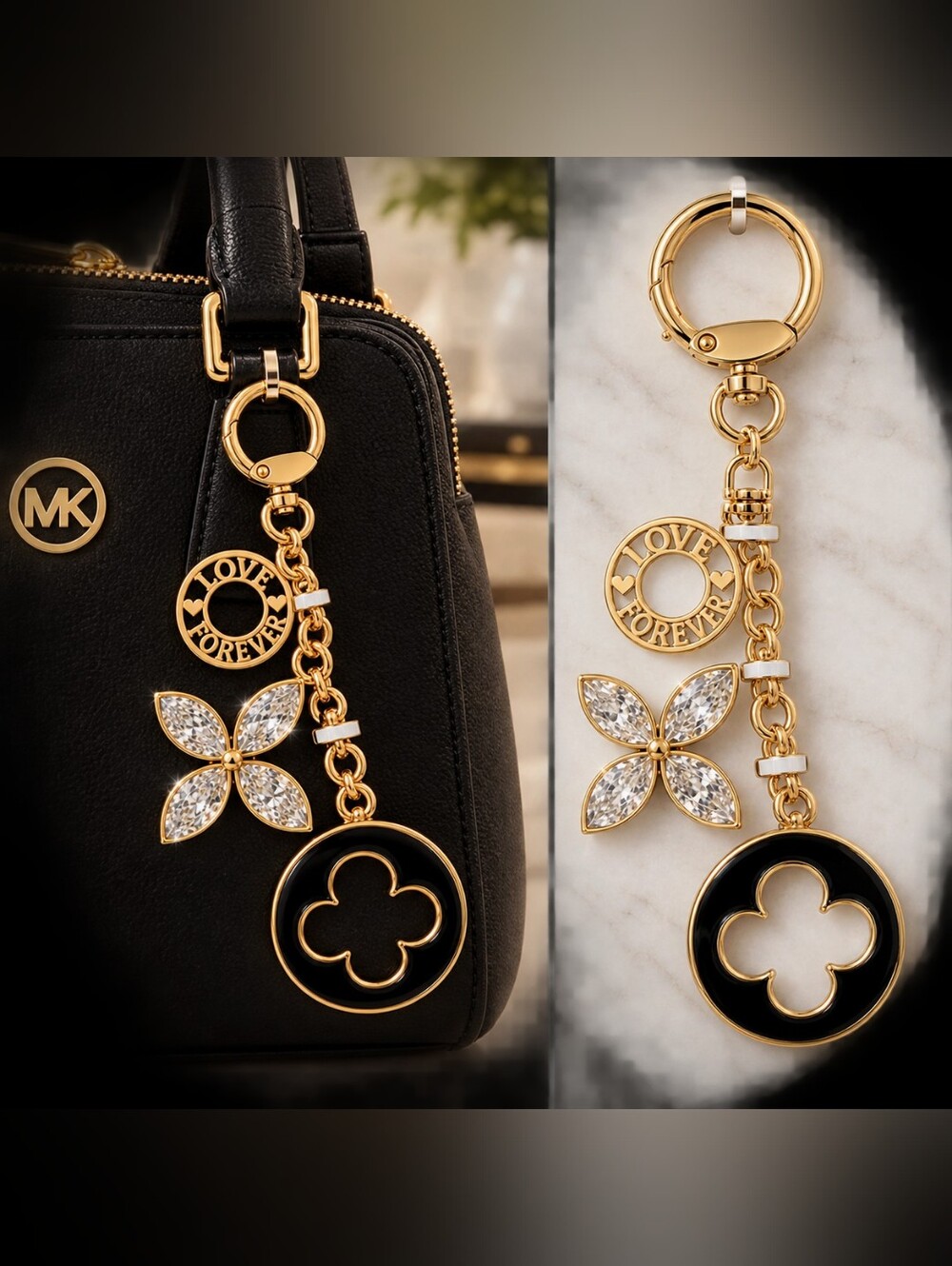 Piper K Gold & Black 'Love Forever' Crystal Flower Keychain Charm